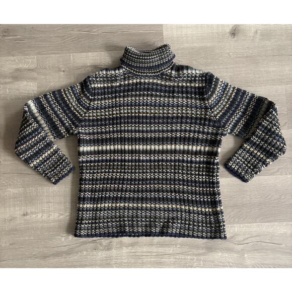 VTG Gap 100% Lambswool Sweater Large Blue Gray Striped Retro Y2K Turtleneck - Picture 1 of 12